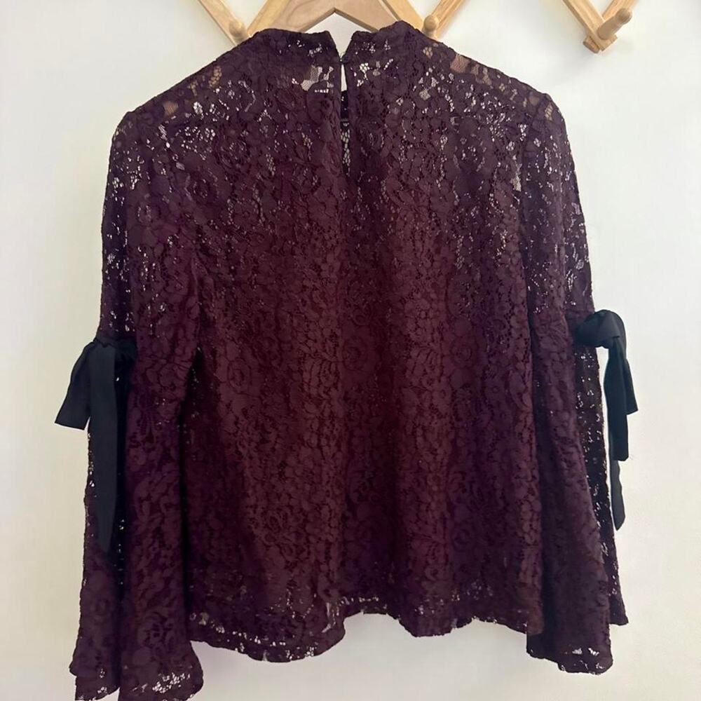 Whimsigoth merlot lace bell sleeve mock neck blouse - Picture 4 of 5
